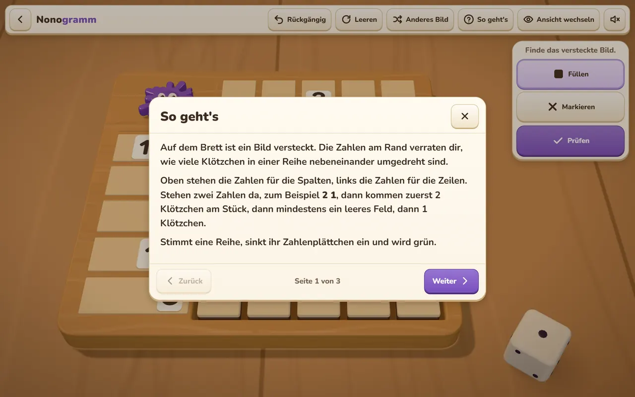 Fenster «So geht's» über dem Nonogramm mit der Erklärung, Seite 1 von 3, Knöpfe Zurück und Weiter