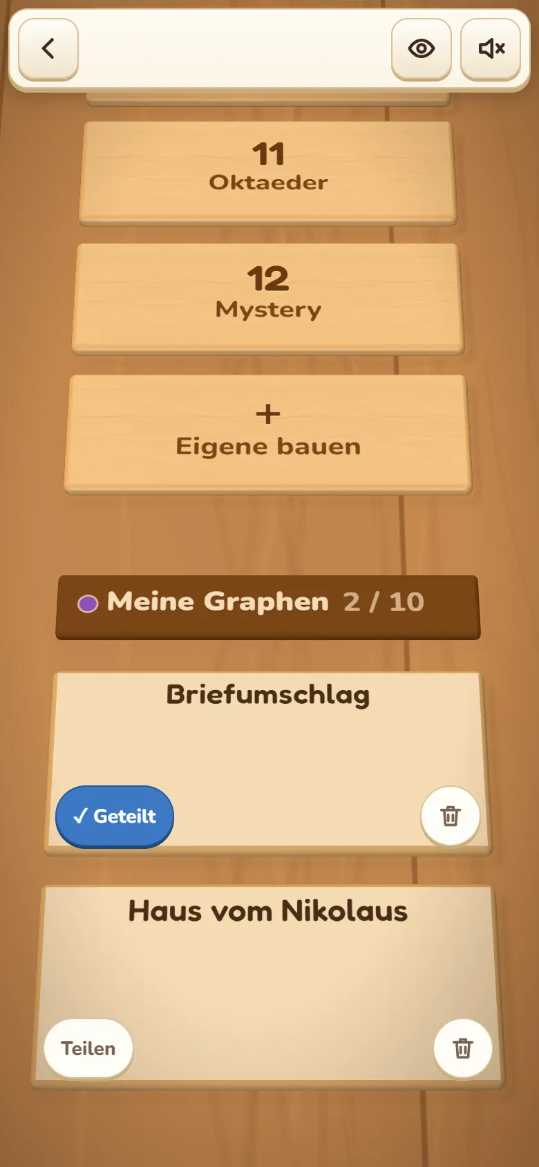 Gruppe «Meine Graphen 2 / 10» in der Spielübersicht von Euler-Pfade: Plättchen «Briefumschlag» mit dem Knopf «Geteilt» und «Haus vom Nikolaus» mit dem Knopf «Teilen», beide mit Papierkorb