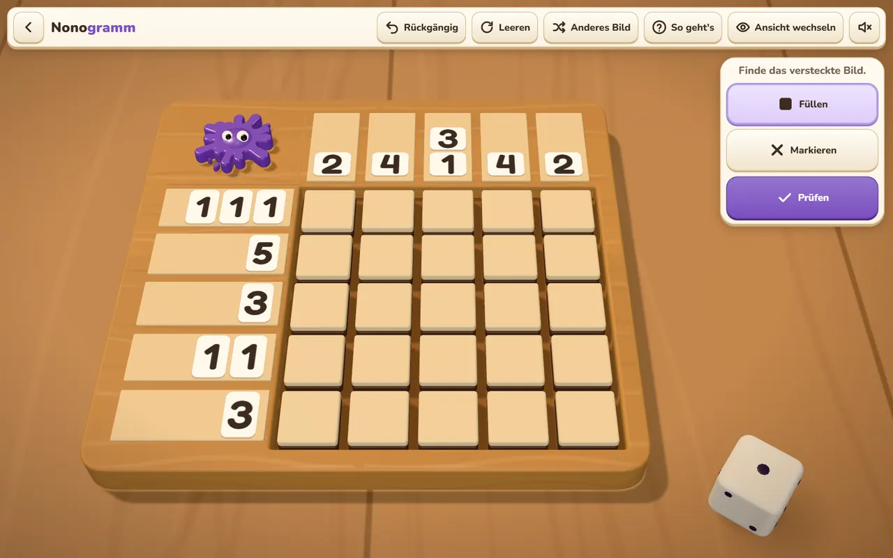 Nonogramm im Spiel: Kopfleiste mit Zurück, Rückgängig, Leeren, Anderes Bild, So geht's, Ansicht wechseln und Ton; darunter das Holzbrett mit den Zahlen am Rand