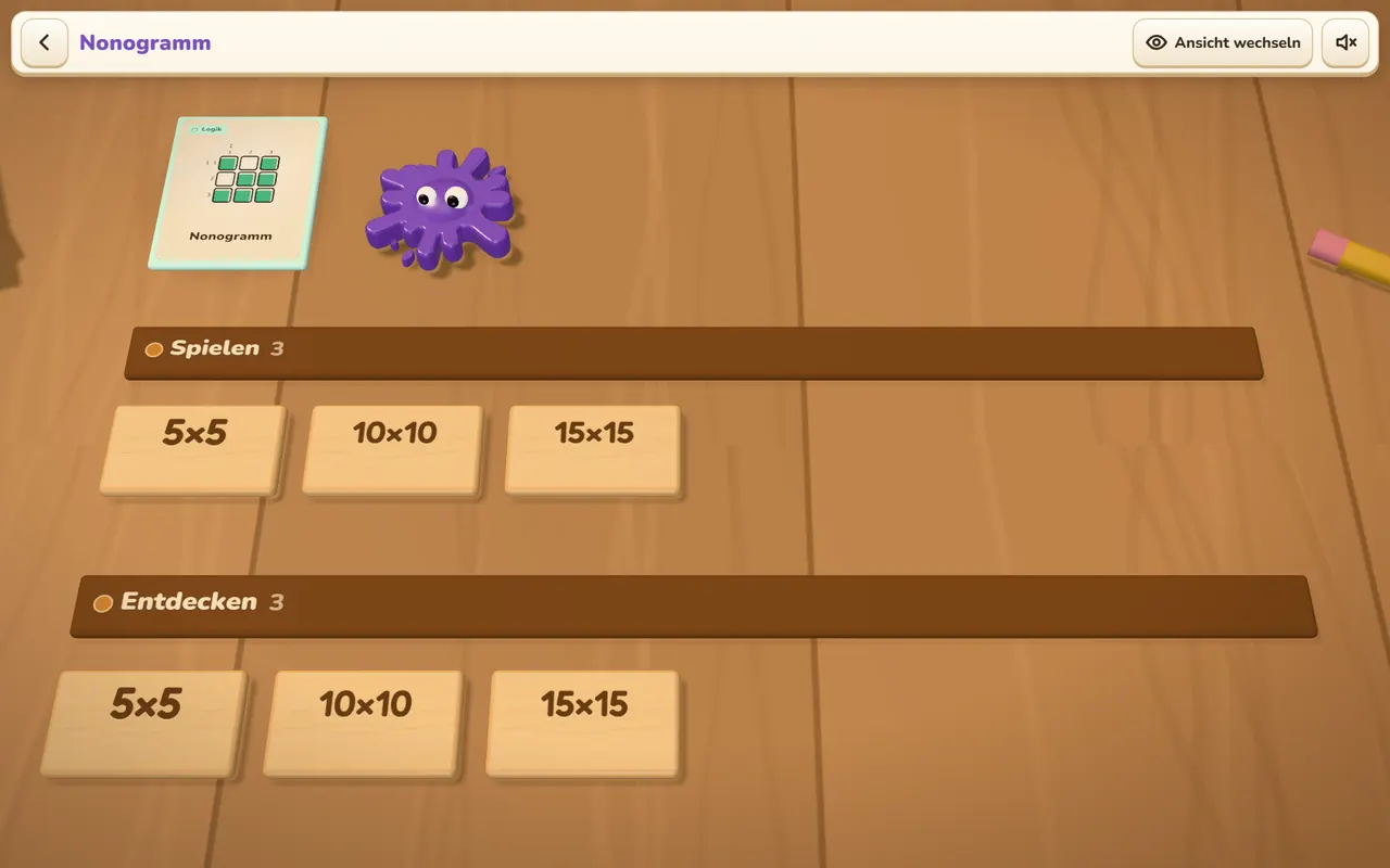 Spielübersicht des Nonogramms: Gruppen «Spielen» und «Entdecken» mit je den Plättchen 5×5, 10×10 und 15×15